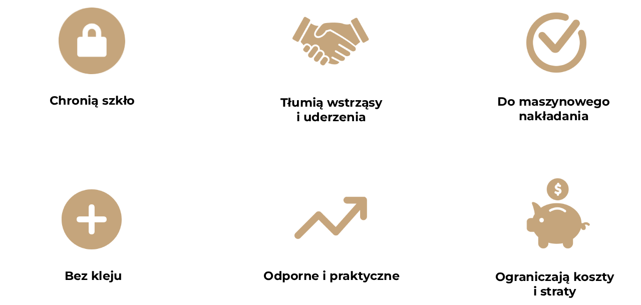 Obraz przedstawia sześć ikon opisujących zalety przekładek LISEC do przewozu szkła.